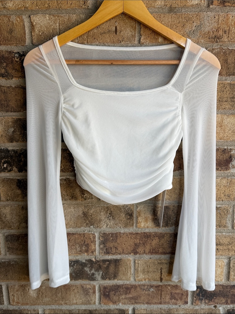 White Square-Neck Ruched Long-Sleeve Crop Top